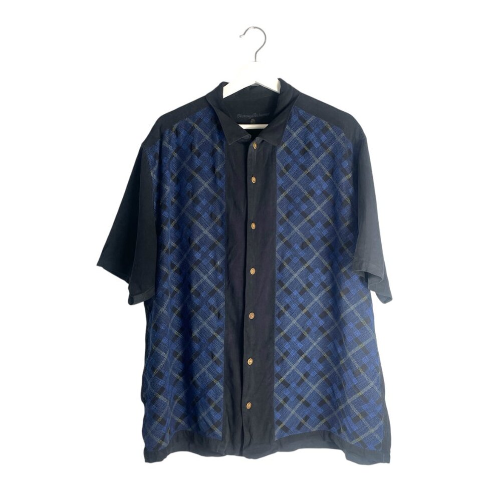 Tommy Bahamas Men's Vintage Silk Black Navy Button Down Short Sleeve Shirt